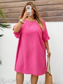 SHEIN CURVE+ Plus Size Women's Solid Color Round Neck Short Sleeve Straight Loose Casual Dress For Summer/ Vacation Summer Dress Summer Outfits Summer Clothes Spring Dress Spring Outfit Women Spring Clothing Floral Dress For Women Beach Vacation Outfits For Women Vacation Dress Bohemian Pink Dress Summer Plus Size Dress - Hot Pink - View 4