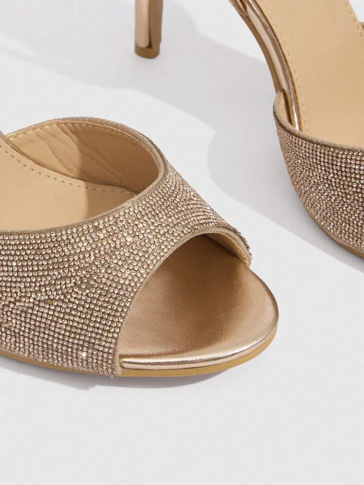 CUCCOO SZL Women's Spring/Summer New Arrival Fully Rhinestone Decor Square Toe Stiletto High Heel Sandals, Luxurious Shiny Metallic Champagne Gold Color, Suitable For Party, Date, Valentine's Day Summer Shoes