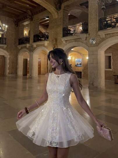 Firerie Women's Floral Textured Round Neck Sleeveless Elegant Contrast Mesh Dress