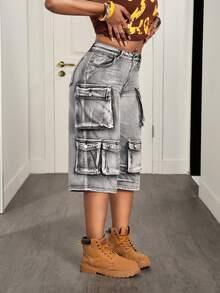 Slaydiva 女士休闲工装七分牛仔裤，带口袋，适合日常穿着 - 黑色 - 查看 4