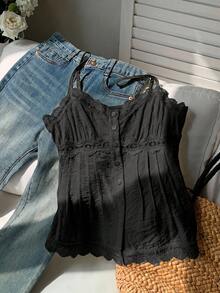 Comfortcana Plus Size Women's Solid Color Lace Ruffle Hem Casual Camisole, Spring/Summer, Outdoor Top, Black - Black - View 5