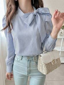 DAZY Women's Elegant Striped Petal Sleeve Tie Collar Blouse, Spring Summer - Blue - View 8