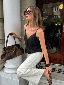 Women's T-Shirt With Contrasting Lace, Versatile And Fashionable - 黑色 - 查看 2
