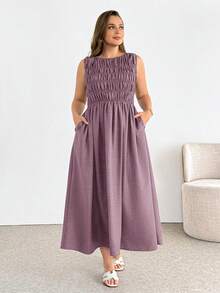 SHEIN Essnce 大码女装春夏时尚休闲舒适日常修身无袖棕色中长连衣裙，带口袋，夏季服装，女士度假装 - 中紫紅色 - 查看 4