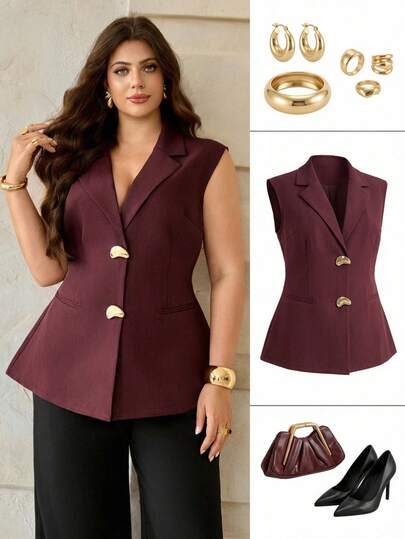 Roveilla Plus Size Women's Solid Color Blazer With Metal Button Decor, Faux Pocket Accent, A-Line Silhouette, Sophisticated Elegant French Retro Style, Suitable For Office, Casual, Vacation, Afternoon Tea, Street Style, Minimalist All-Match, Spring/Summer New Arrival Zoey Outfit Z65c7 Code Clothes For Ladies Discount Office Wear Women Outfits Business Casual Women Outfits Plus Size Yrack Suits For Ladies