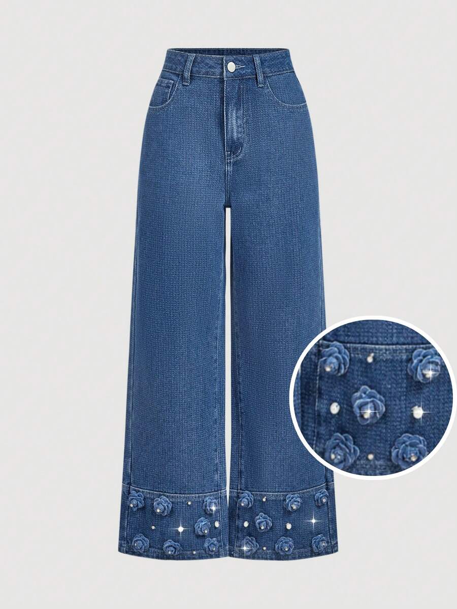 Sweetra Women's Rhinestone Decor 3D Floral Embellished Denim Jeans - Blue - View 1