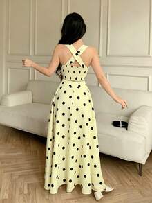 Celisse Setelan 2 Potong Atasan Camisole Motif Polkadot dan Rok Maxi Kancing Depan Modis untuk Wanita - Kuning - View 2