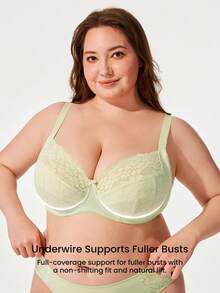 LUVLETTE Bra Lingerie Wanita Ukuran Plus Full Coverage, Penyangga Lekuk Tubuh & Bernapas, Berkawat, Seksi, Tanpa Lapisan, Warna Hijau Muda, Minimizer, Renda Elegan - Mint Green - View 2