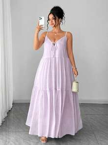 SHEIN Clasi Plus Size Women's Casual Vacation Style Woven Spaghetti Strap Double Layer Digital Print Light Purple Long Dress - Mauve Purple - View 5