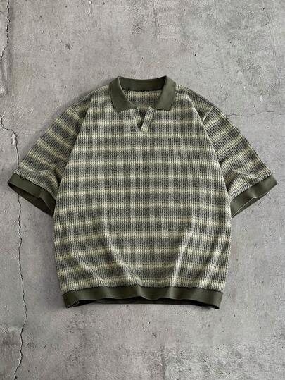 AXEPEAK 男士条纹印花休闲宽松短袖针织上衣，夏季