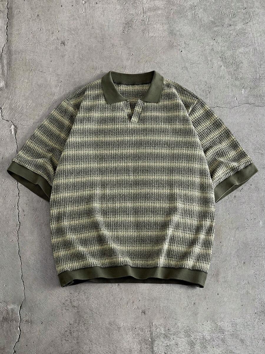 AXEPEAK 男士条纹印花休闲宽松短袖针织上衣，夏季 - 綠色 - 查看 1