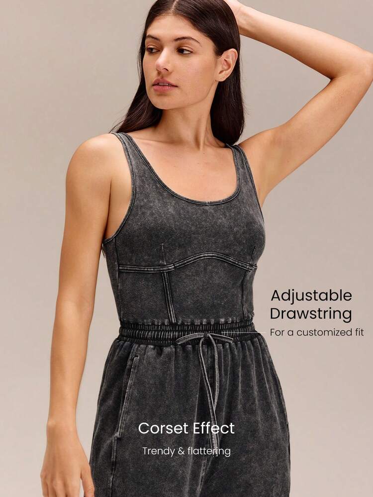 33" Sunny Strut Straight Leg Elastic Waist Adjustable Drawstring Corset Style One Piece Jumpsuit Daily Casual Wear