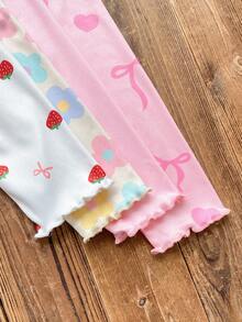 SHEIN Playful Pals 4件套 女童春夏花卉、草莓、爱心、蝴蝶结装饰柔软舒适条纹针织打底裤套装 - 彩色 - 查看 6