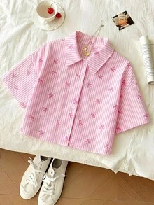 SHEIN 少女粉白条纹蝴蝶结印花短袖衬衫 - 粉色 - 查看 2
