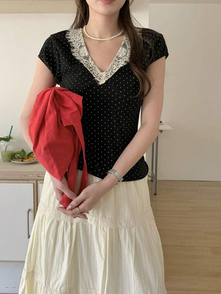 Women's Polka Dot Lace Patchwork Casual Chic T-Shirt
