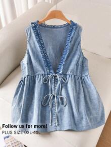CosyJoli Áo nữ cỡ lớn, Áo cardigan thắt nơ, Áo sơ mi denim xanh, Áo kiểu dáng thường ngày đã giặt, Quần áo mùa hè dễ thương cho nữ, Áo denim nữ, Áo jean nữ, Áo cotton nữ, Quần áo cotton nữ, Váy denim mùa hè - Màu xanh lam - Xem 4
