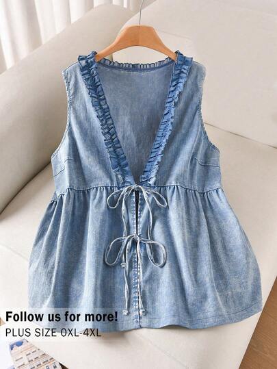 CosyJoli 大码女式上衣，蝴蝶结开衫衬衫，蓝色牛仔衬衫，水洗休闲上衣，女士可爱夏季服装，牛仔上衣，棉质上衣，棉质女装，夏季牛仔连衣裙