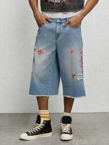 GALLERY FADE Men's Summer Washed Floral Embroidery Distressed Frayed Hem Loose Denim Bermuda Shorts - Blue - View 1