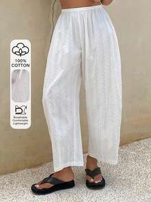 Livesso Quần pajama ống rộng màu trơn có dây rút ở eo dành cho nữ - trắng - Xem 5