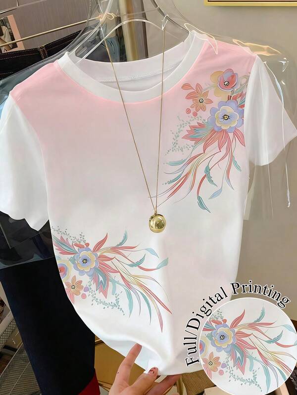 Resyla Women's Floral Print Ombre Color Casual Round Neck Short Sleeve T-Shirt