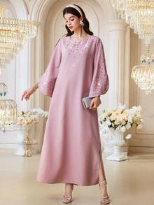 Al Najma Đầm dài tay đính đá kiểu Ả Rập dành cho nữ - Hồng - Xem 6