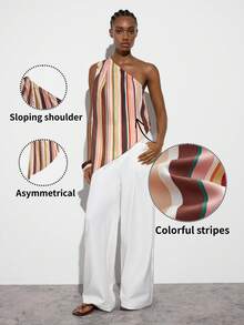 MAIJA Vacation Striped One Shoulder Asymmetric Hem Sleeveless Top,Summer Top - Multicolor - View 2