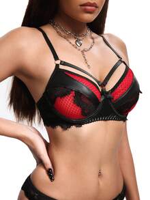 PU Leather & Contrast Lace Bra, Sexy Contrast Color Lingerie For Women - Multicolor - View 3