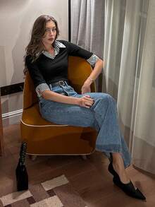 Pariaura 女款 Polo 領拼接短袖 T-shirt，修身套頭上衣，春夏季 Zoey Ootd 女裝 Y2k 風格 - 黑色 - 查看 4