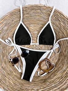 Swim Mod Women's Summer New Sexy Fashion Minimalist Bikini Set, Contrast Color Trim Pendant Tie Triangle Cup Separate Two Pieces Swimwear - Black - View 3