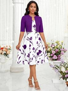 SHEIN Lady Bộ đồ 2 món thanh lịch dành cho nữ: váy không tay in hoa và áo khoác màu trơn. - Màu tím - Xem 6