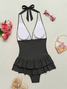 Bellisia Maillot de bain jupe pour femmes avec encolure bateaux, décolleté en V profond, dos nu, double volant à l'ourlet, en tissu texturé blanc et rose, pour la plage ou les fêtes de piscine, mignon et doux - Noir et Blanc - Voir 4