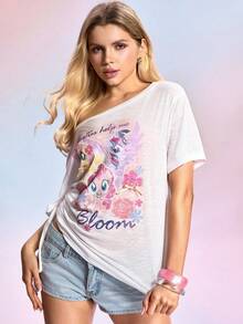 My Little Pony X SHEIN Áo kiểu nữ in hình hoạt hình, cổ lệch, có dây rút bên hông. - trắng - Xem 6