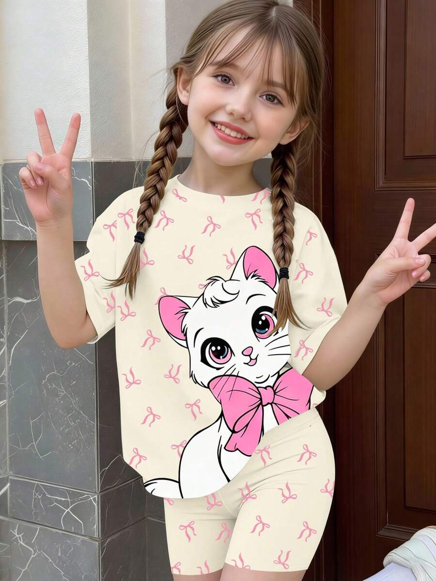 Elladie kids 一套女童休闲时尚甜美可爱蝴蝶结印花粉色大蝴蝶结猫咪图案短袖T恤和骑行短裤套装,适合外出、休闲、节日等场合。浅杏色夏季套装 - 彩色 - 查看 1