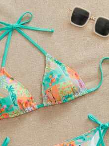 Swim Mod Conjunto de traje de baño con estampado tropical para mujeres para vacaciones en la playa - verde menta - Ver 3