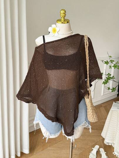 Comfortcana Plus Size Women Knit Pullover Sweater Shawl Collar Solid Color Beaded Sequin Hollow Out Casual Fashionable Versatile Top