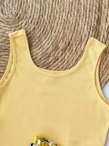SHEIN Áo vest vàng kiểu dáng thường ngày cho bé gái tuổi teen, quần short in hình trái cây, thích hợp cho kỳ nghỉ hè. - Màu vàng - Xem 7