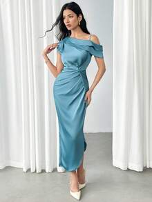 Modelyn Solid Ruched Asymmetrical Neck Dress Without Belt Long Evening Dresses - Dusty Blue - View 6