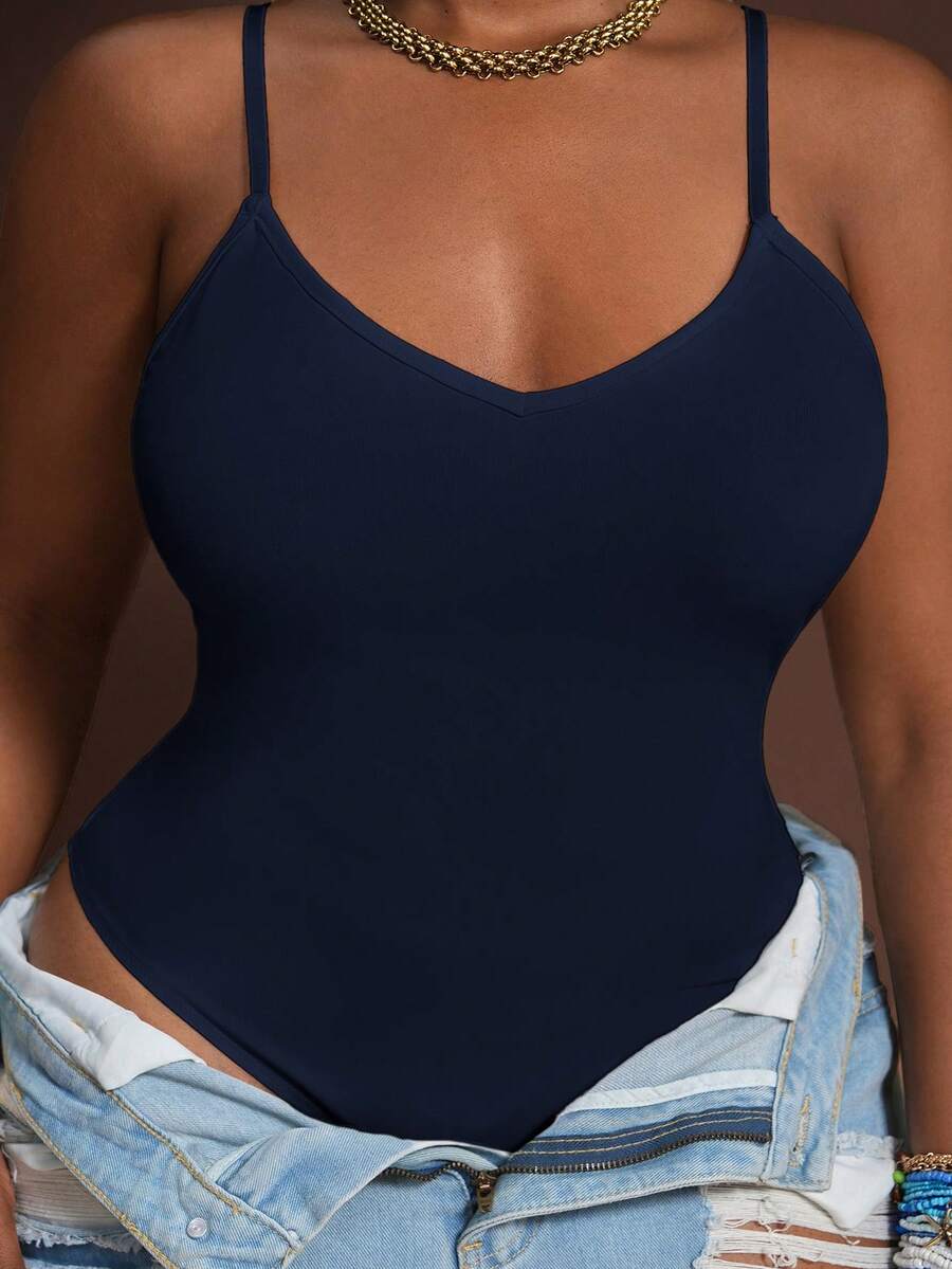 Slaydiva Body noir moulant sans manches grande taille, automne/hiver - Bleu marine - Voir 1