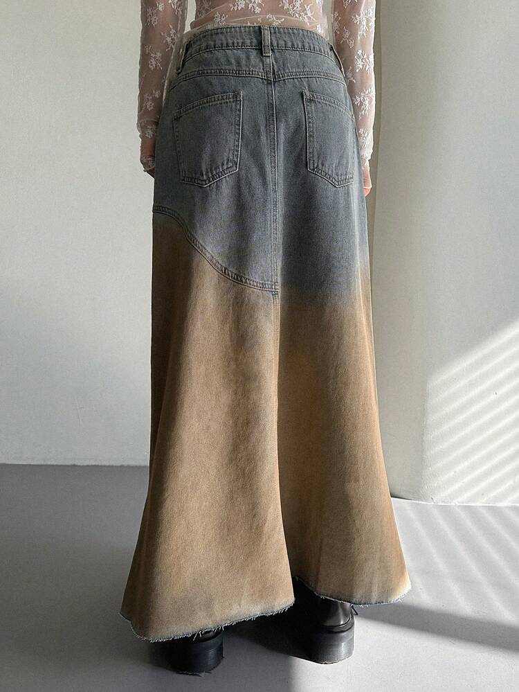 Western Cowgirl Contrast Color Washed Split A-Line Maxi Denim Skirt, Casual Vacation Summer Skirt For Women
