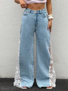 Rivivi 蕾丝拼接透视休闲宽松牛仔阔腿裤 - 藍色 - 查看 4