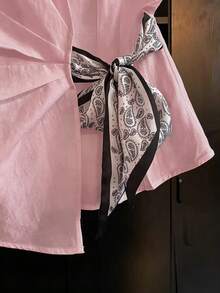SHEIN Franclia 女士夏季时尚优雅不对称下摆蝴蝶结短袖衬衫 - 粉色 - 查看 5