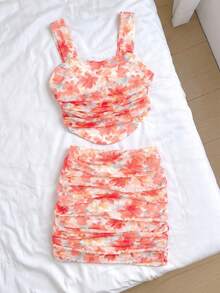 SHEIN 少女休闲碎花不对称下摆背心和半身裙套装，舒适简约 - 橘色 - 查看 1