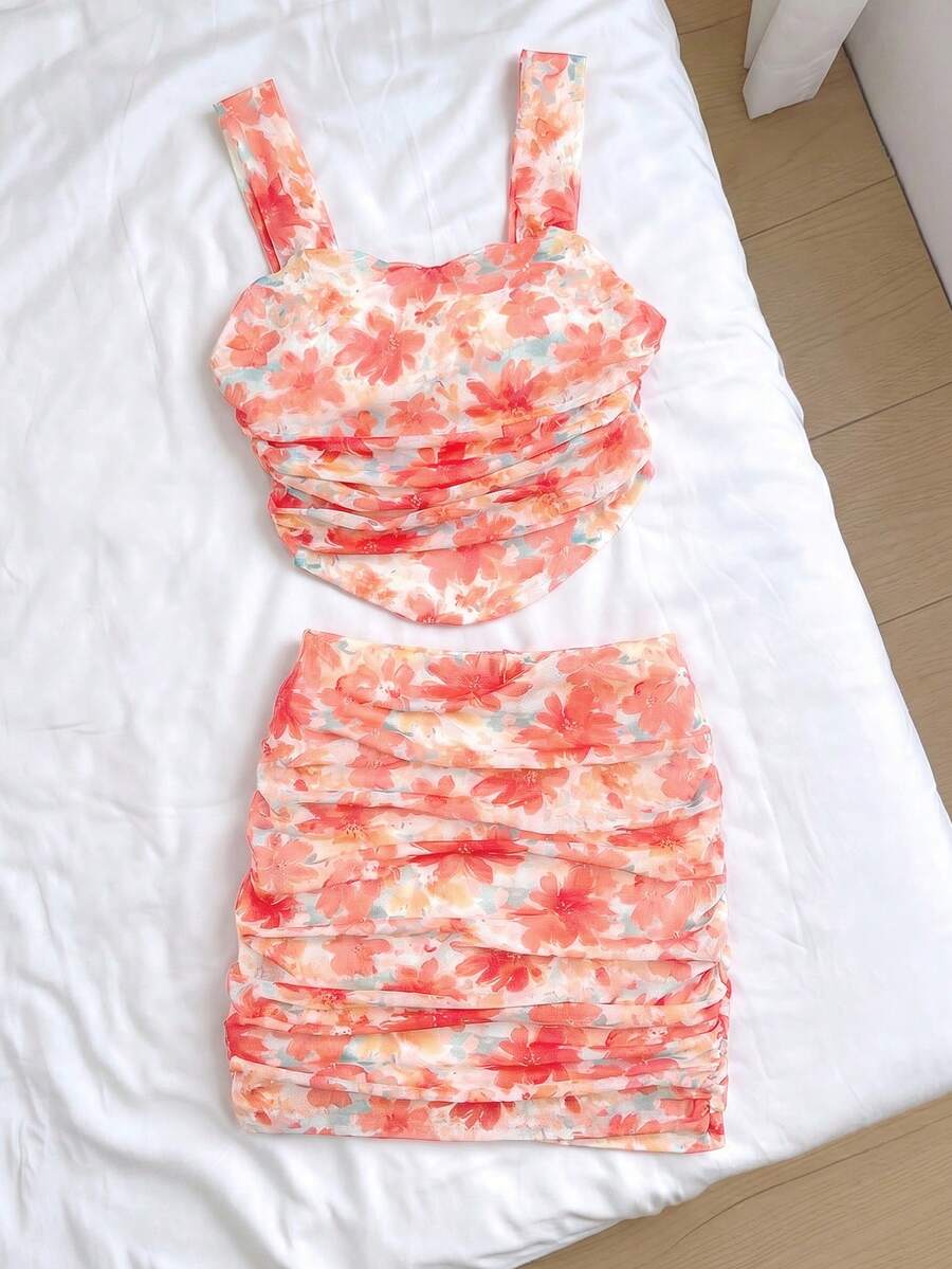 SHEIN 少女休闲碎花不对称下摆背心和半身裙套装,舒适简约 - 橘色 - 查看 1