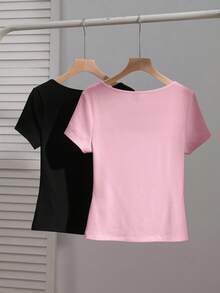 SHEIN EZwear 两件套女士方领短袖休闲修身性感T恤，黑色和粉色，适合夏季穿着 - 彩色 - 查看 2