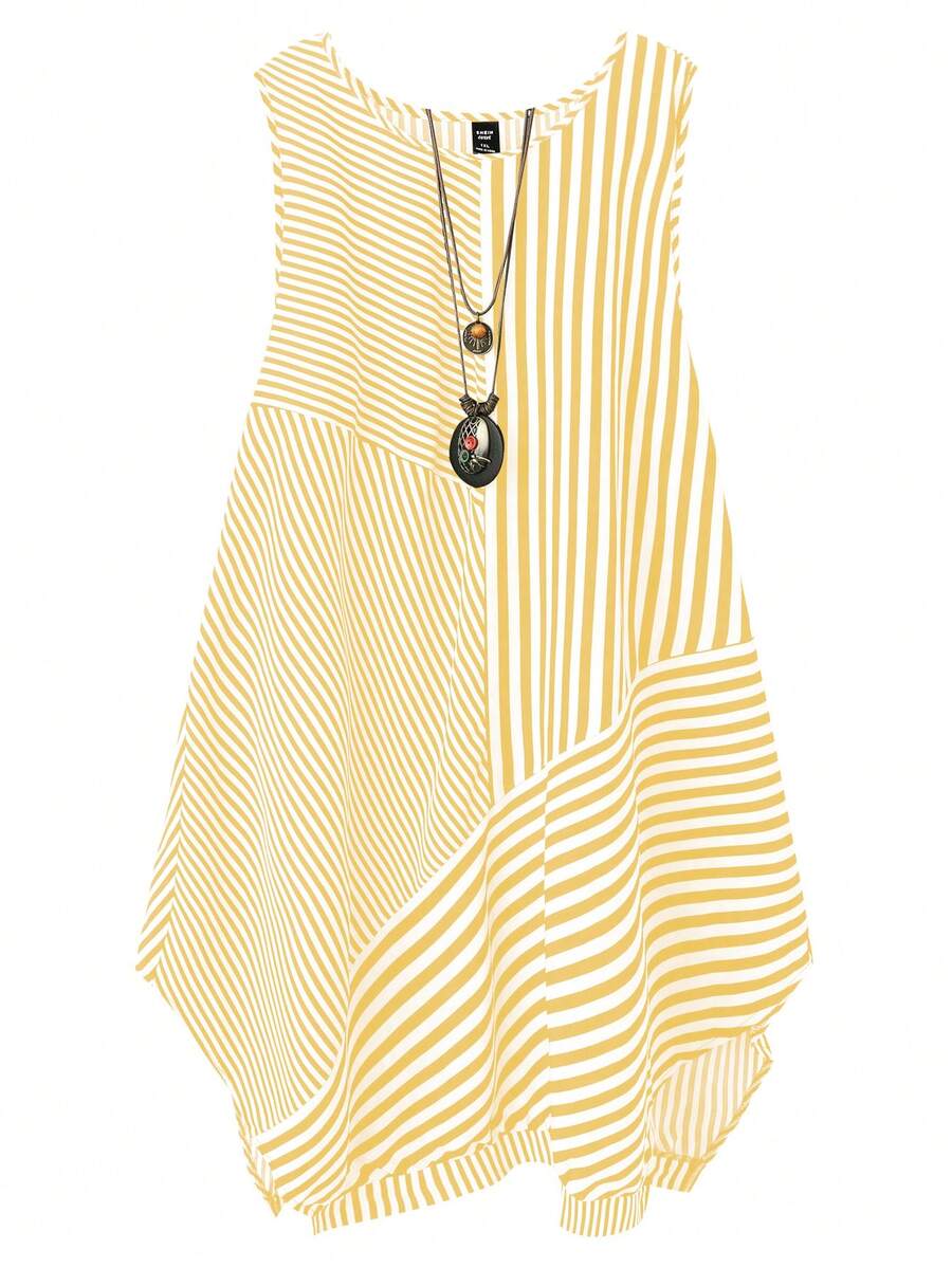 SHEIN Plus Size Striped Print Round Neck Sleeveless Dress - Yellow - View 1