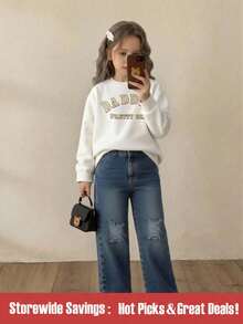 SHEIN 2pcs/Set Young Girl Autumn Long Sleeve Sweatshirt & Ripped Wide Leg Jeans Pants Casual Outfit, Fashion Streetwear - Multicolor - View 1