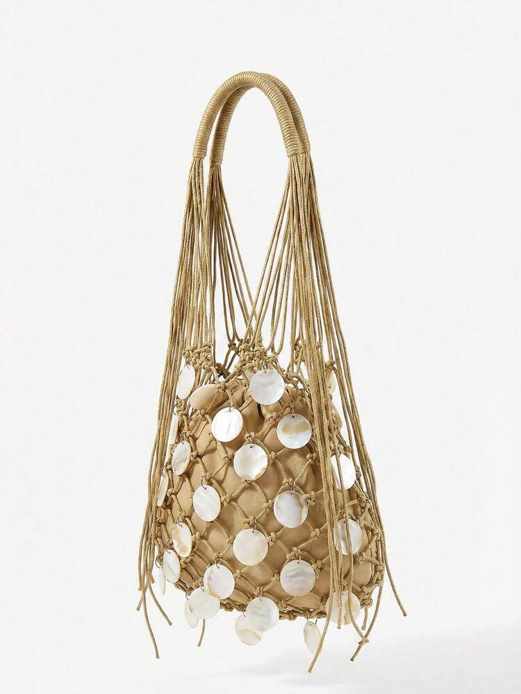 SHEIN Maija Ladies, Women Crochet Bag, Shoulder Bag, Hobo Bag, Hollow, Tassels, Fashionable, Elegant, Simple, Personalized, Versatile, For Beach, Vacation, Holiday, Summer, Seaside, Beach Party