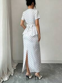 Rafferiza Women's Elegant Pearl Button Blouse + Split Hem Skirt 2 Pieces Set - White - View 2