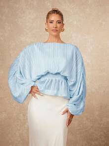 Lumalex Light Blue Elegant Summer Tea Party Blouse For Women,Boat Neck Puff Sleeve Gathered Waist Elastic Vacation Birthday Wedding Guest Party Outfits,Prom - Baby Blue - View 3