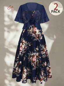 Franclia 女士加大码印花两件套，雪纺衬衫外套搭配纯色荷叶边短连衣裙，无袖玫瑰连衣裙配外套，适合春、夏、秋季穿着。 - 寶藍色 - 查看 3